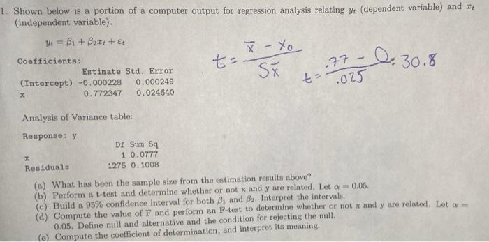 Solved 1. Shown below is a portion of a computer output for | Chegg.com