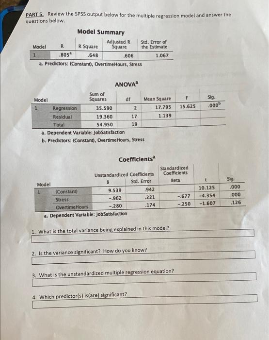 Solved PART 5. Review the SPSS output below for the multiple | Chegg.com