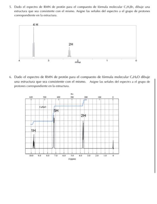 5. Dado el espectro de \( \mathrm{RMN} \) de protón para el compuesto de fórmula molecular \( \mathrm{C}_{1} \mathrm{H}_{3} \