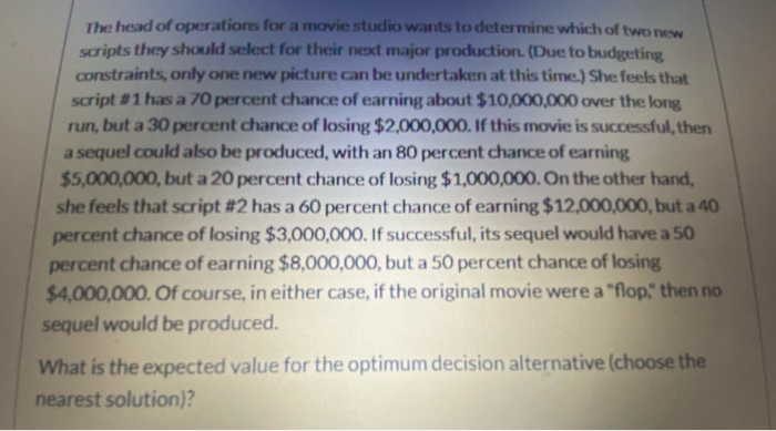 Solved The head of operations for a movie studio wants to | Chegg.com