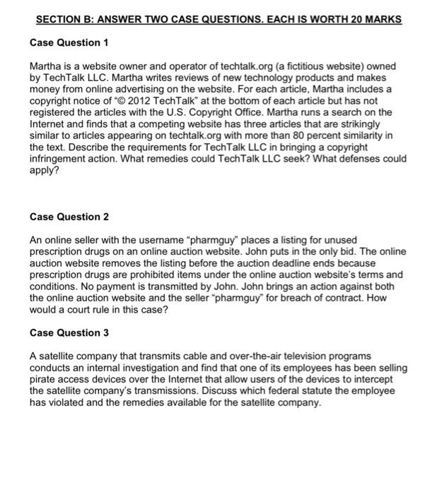 Solved SECTION B: ANSWER TWO CASE QUESTIONS. EACH IS WORTH | Chegg.com