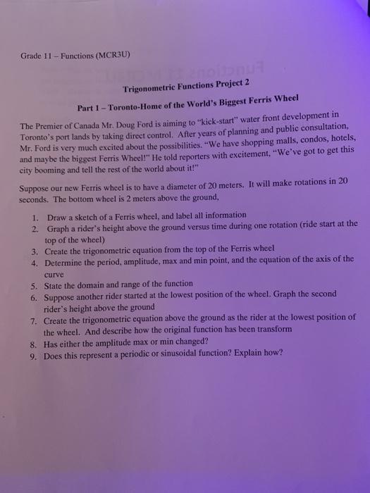 Solved Grade 11 - Functions (MCR3U) 1. Trigonometric | Chegg.com