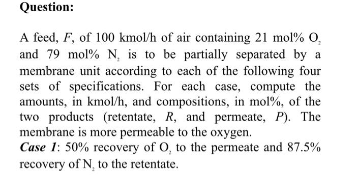 Solved Question: A feed, F, of 100 kmol/h of air containing | Chegg.com