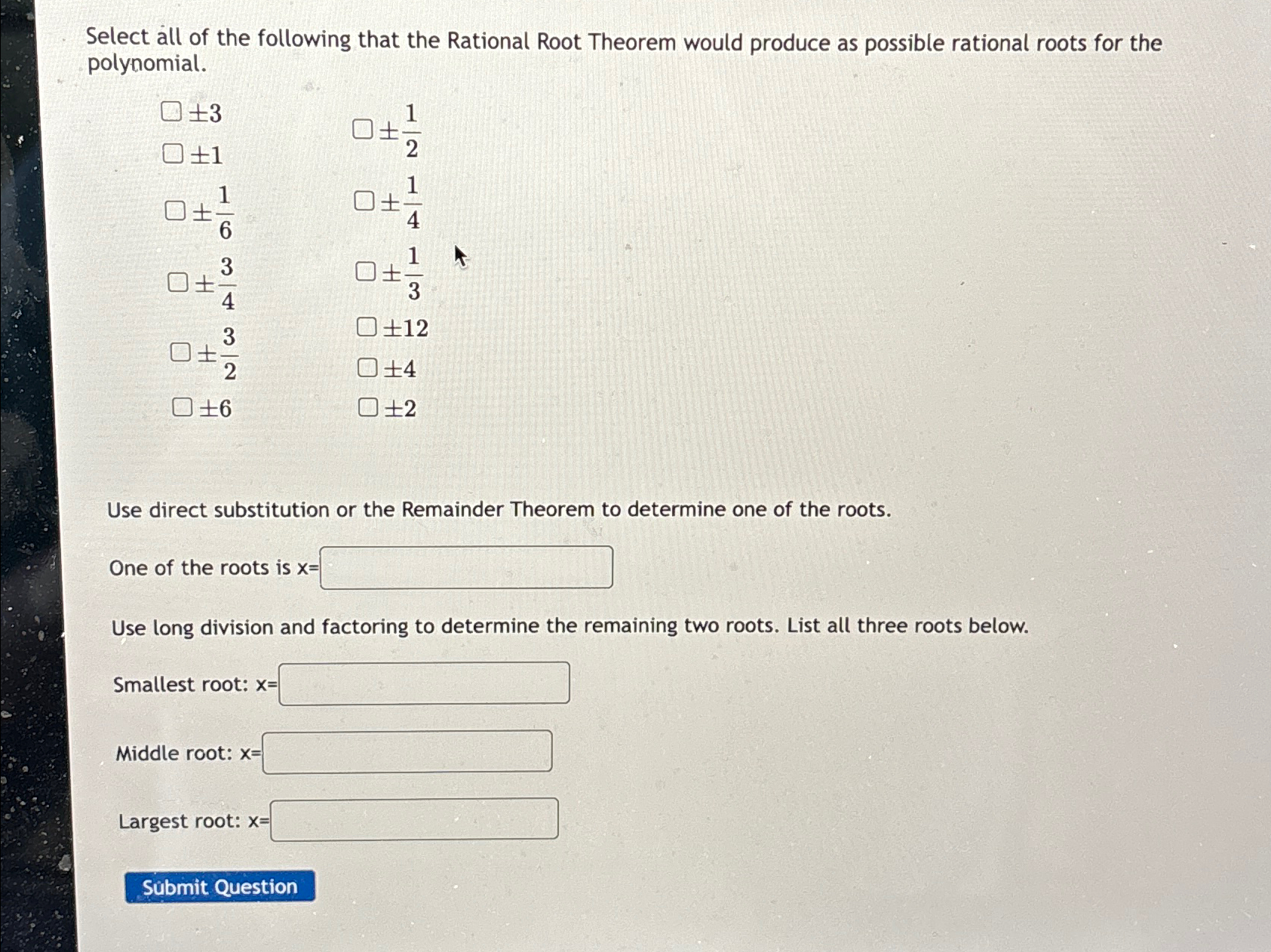 Select all of the following that the Rational Root | Chegg.com