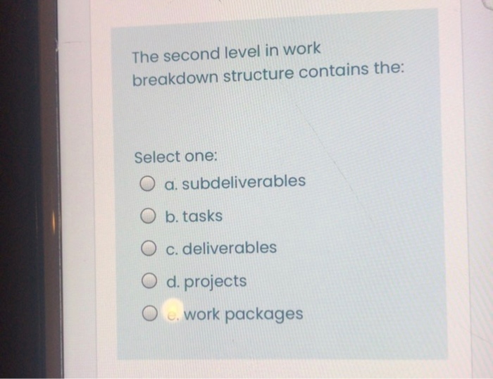 Solved The second level in work breakdown structure contains | Chegg.com