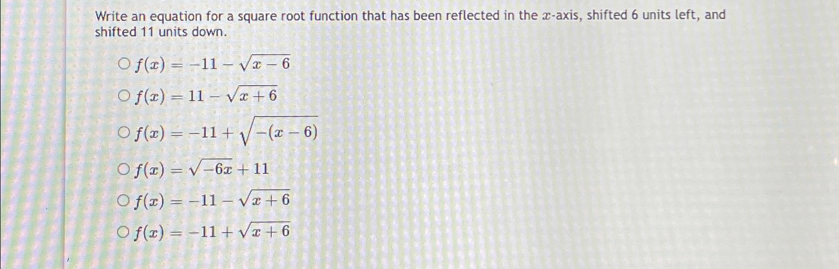 Solved Write an equation for a square root function that has | Chegg.com