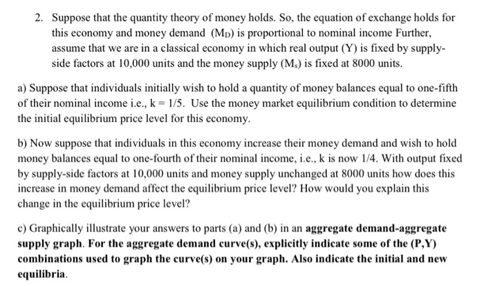 Solved 2. Suppose that the quantity theory of money holds. | Chegg.com