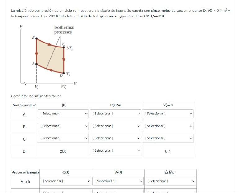 La relación de compresión de un ciclo se muestra en la siguiente figura. Se cuenta con cinco moles de gas, en el punto \( D,