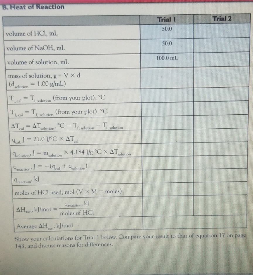 Solved Specific Heat Trial 2 Temperature (°C) Heat of | Chegg.com