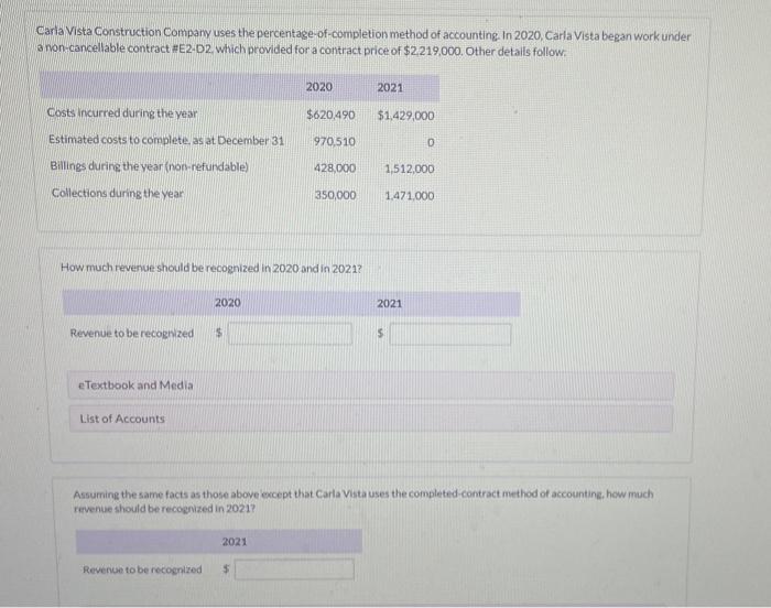 Caria Vista Construction Company uses the percentage-of-completion method of accounting in 2020, Carla Vista began work under