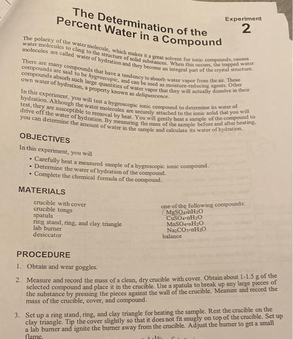 Solved The Determination Of The Percent Water In A Compound | Chegg.com