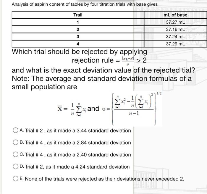 Solved Analysis Of Aspirin Content Of Tables By Four | Chegg.com