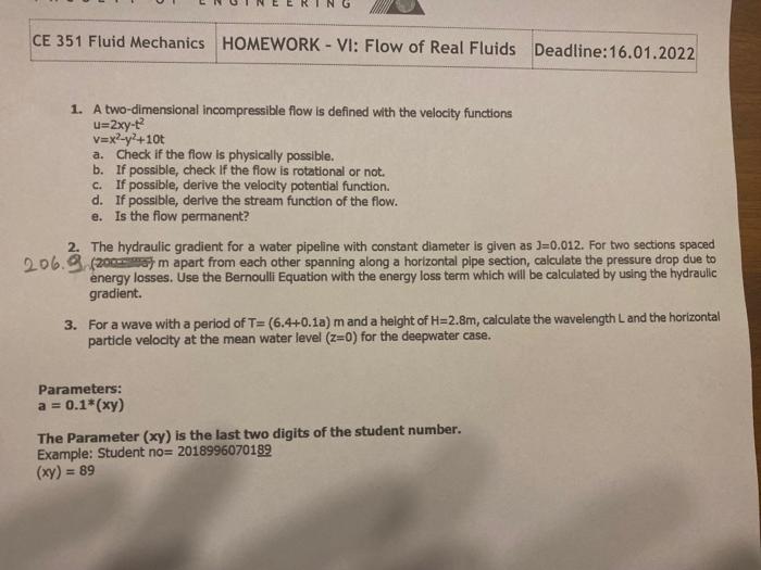 Solved CE 351 Fluid Mechanics HOMEWORK - VI: Flow of Real | Chegg.com