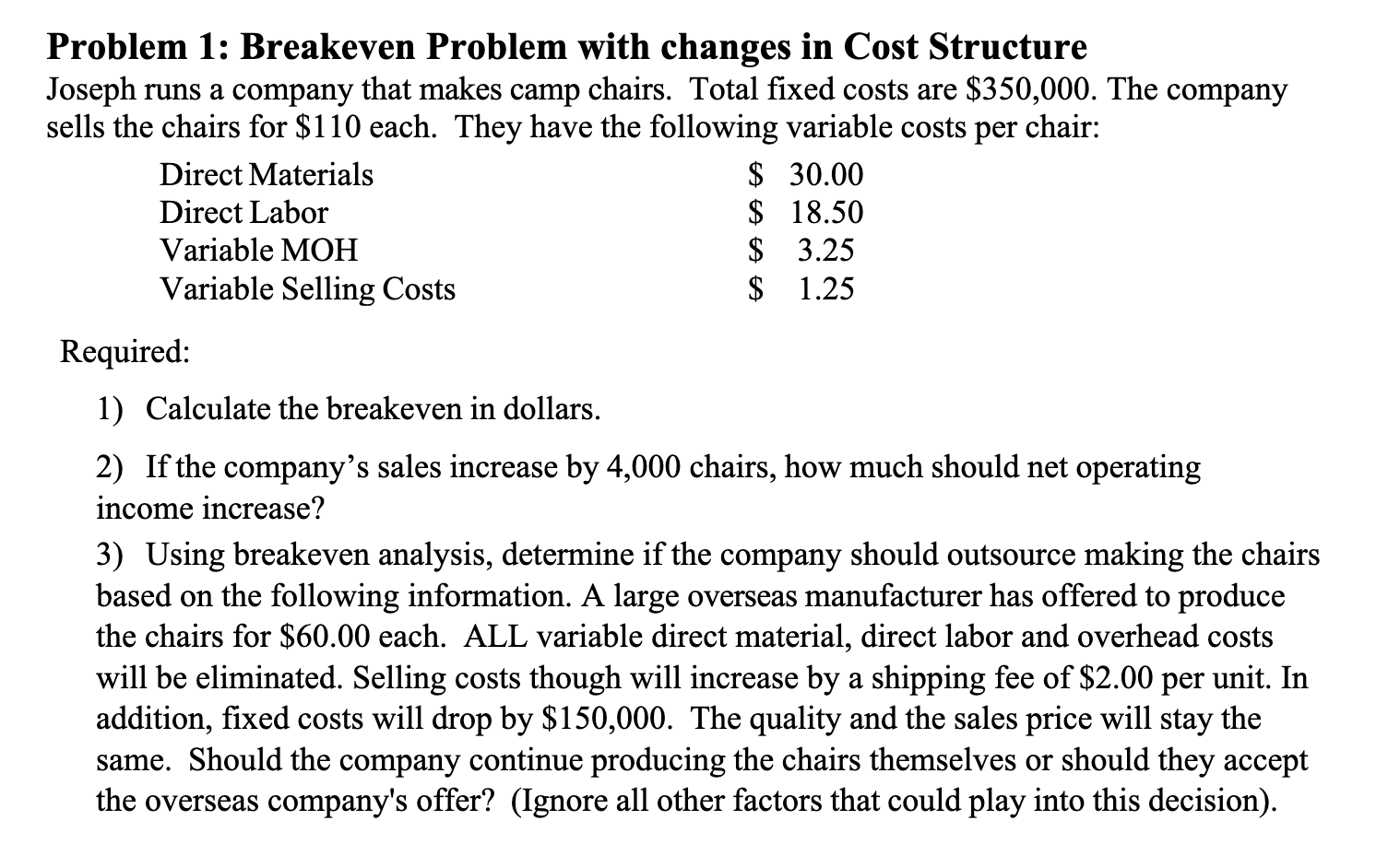 Solved Problem 1: Breakeven Problem With Changes In Cost | Chegg.com