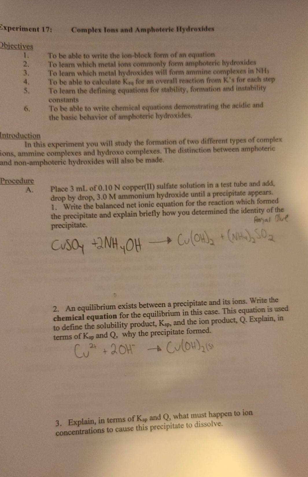 Solved Experiment 25: Complex Tons and Amphoterie Hydroxides