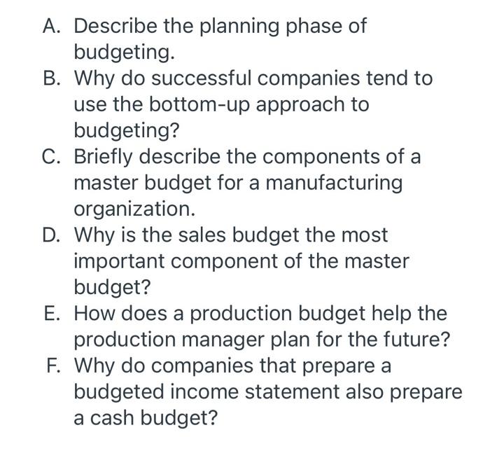 Solved A. Describe The Planning Phase Of Budgeting. B. Why | Chegg.com