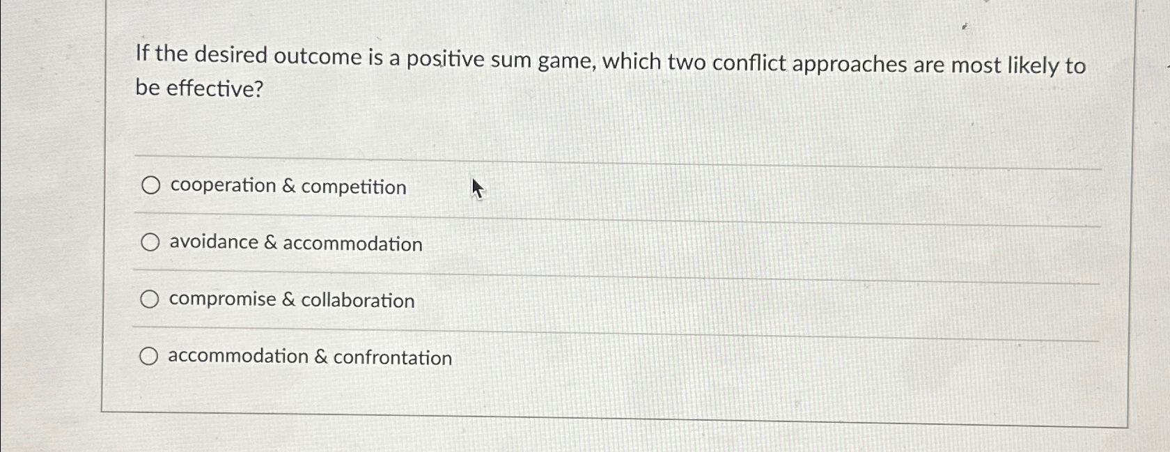 Solved If the desired outcome is a positive sum game, which | Chegg.com