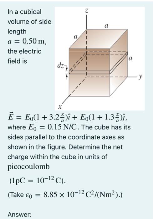 Solved z a In a cubical volume of side length a = 0.50 m, | Chegg.com