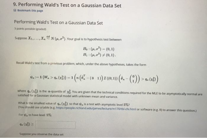 9. Performing Wald's Test on a Gaussian Data Set | Chegg.com