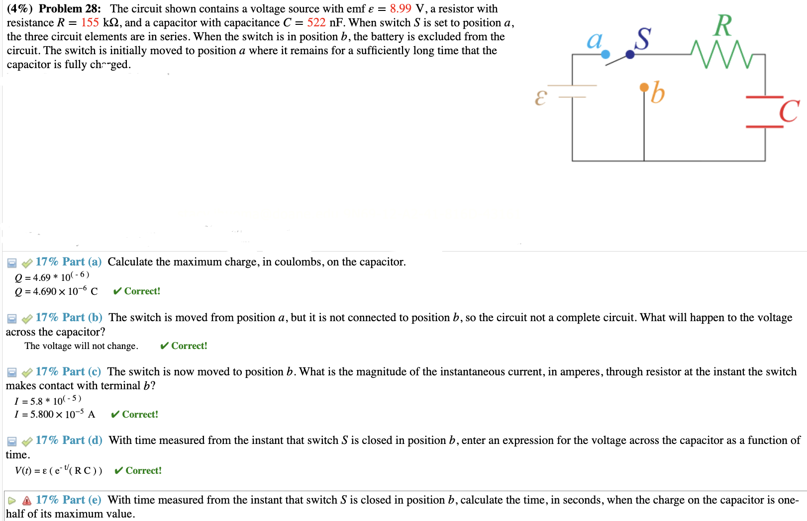 Solved (4%) ﻿Problem 28: The circuit shown contains a | Chegg.com