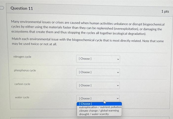 Solved Question 11 1 pts Many environmental issues or crises | Chegg.com