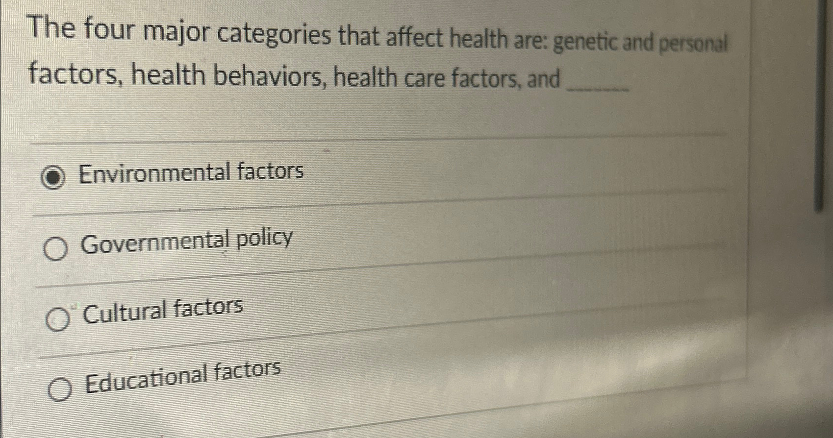 Solved The four major categories that affect health are: | Chegg.com