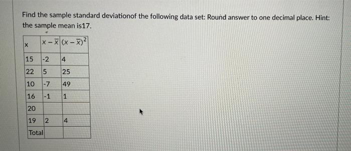 Solved find the sample standard deviation of the following | Chegg.com