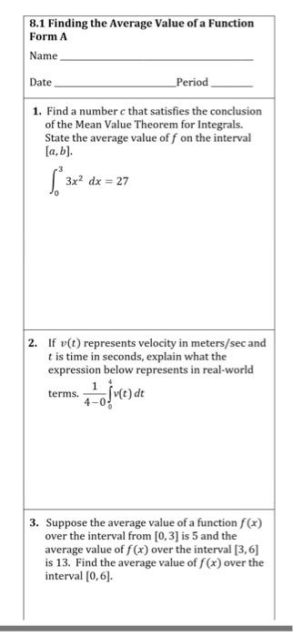 finding the average value of a function homework 8 1