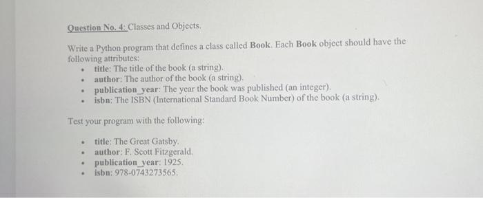 Solved Question No. 4: Classes and Objects. Write a Python | Chegg.com