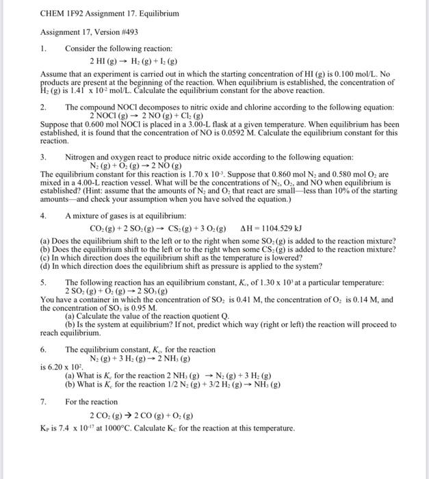 Solved Chem 1f92 Assignment 17 Equilibrium Assignment 17 Chegg Com