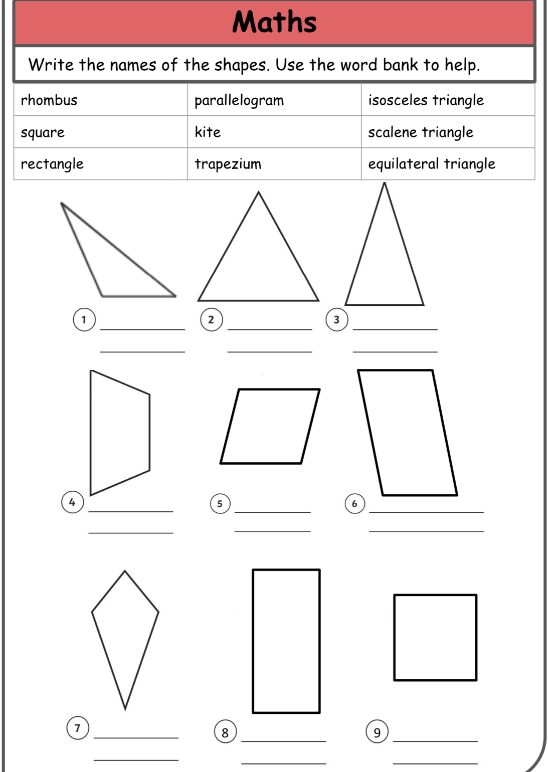 Solved MathsWrite the names of the shapes. Use the word bank | Chegg.com