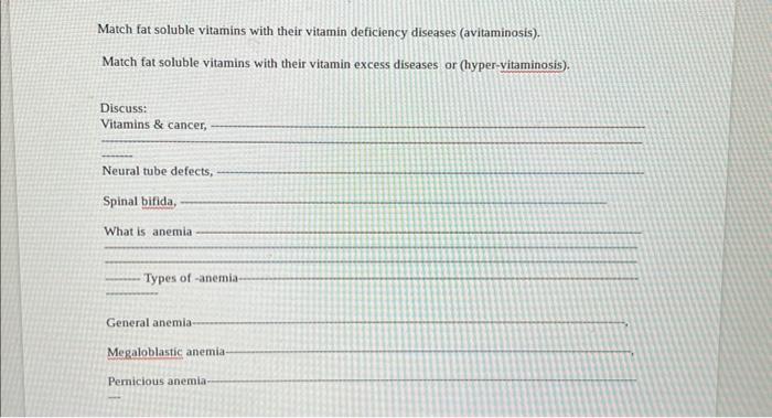 Solved Match fat soluble vitamins with their vitamin | Chegg.com
