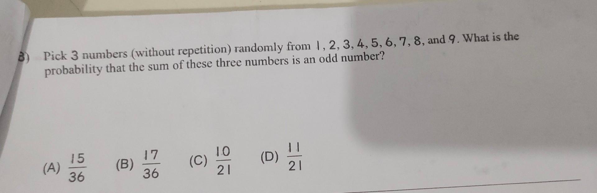 Solved Pick 3 numbers (without repetition) randomly from