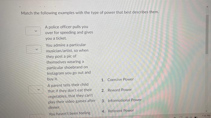 Match the following examples with the type of power | Chegg.com