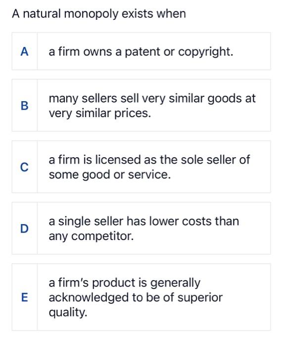 Solved A Natural Monopoly Exists When A A Firm Owns A Patent | Chegg.com