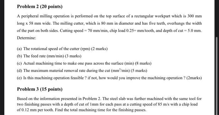 Solved A peripheral milling operation is performed on the | Chegg.com