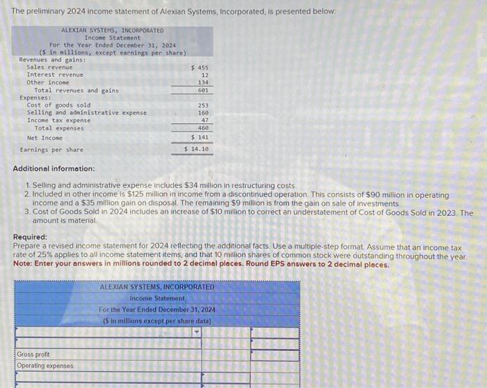 Solved The Preliminary 2024 Income Statement Of Alexian Chegg Com   Image