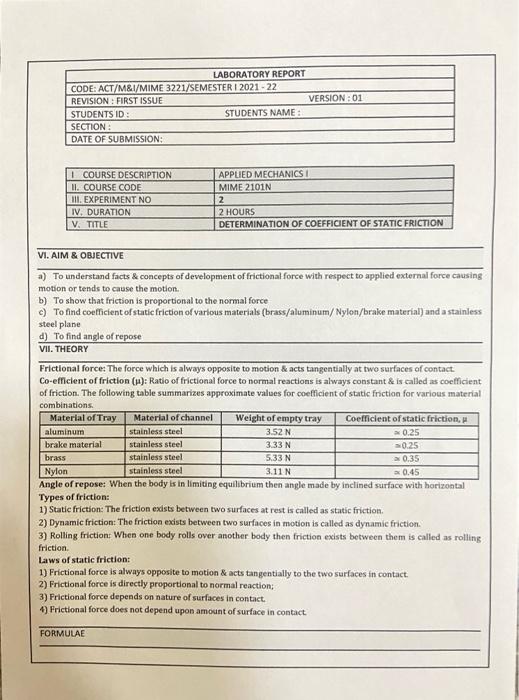 Solved LABORATORY REPORT CODE: ACT/M&T/MIME 3221/SEMESTER I | Chegg.com