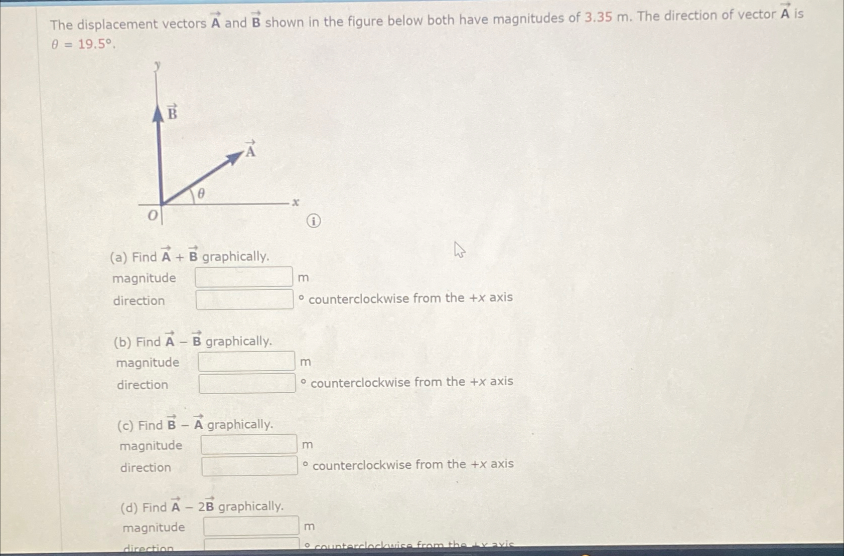 Solved The displacement vectors vec(A) ﻿and vec(B) ﻿shown in | Chegg.com