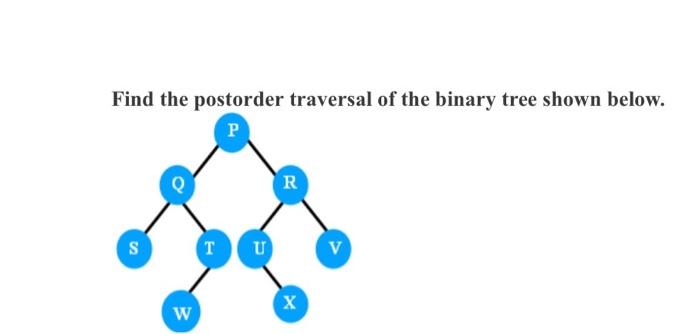 Find the postorder traversal of the binary tree shown below.
P
R
S
T
U
V
X
W

