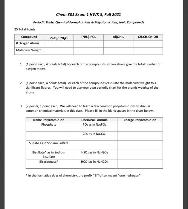 Solved Chem 301 Exam 1 HWK 3, Fall 2021 Periodic Table, | Chegg.com