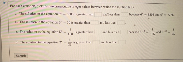 Solved For each equation, pick the two consecutive integer | Chegg.com