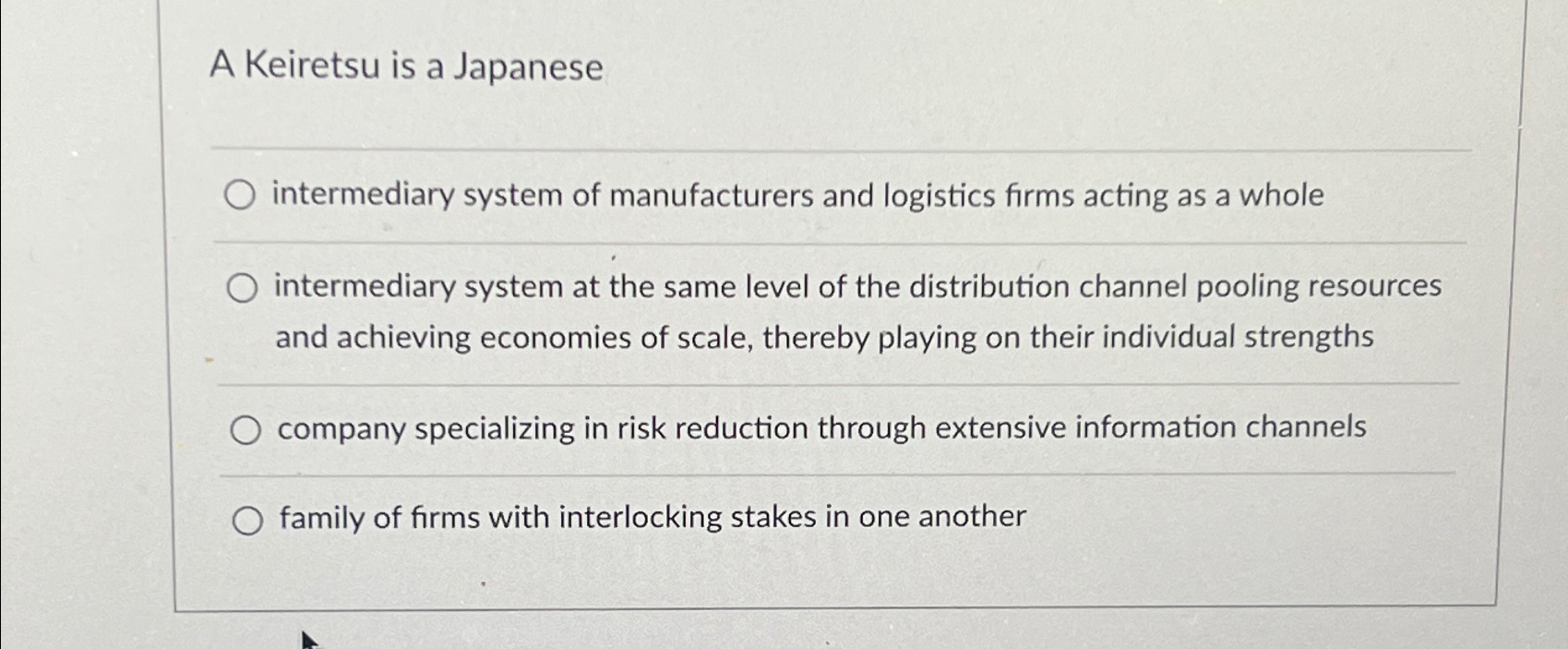Solved A Keiretsu is a Japaneseintermediary system of | Chegg.com