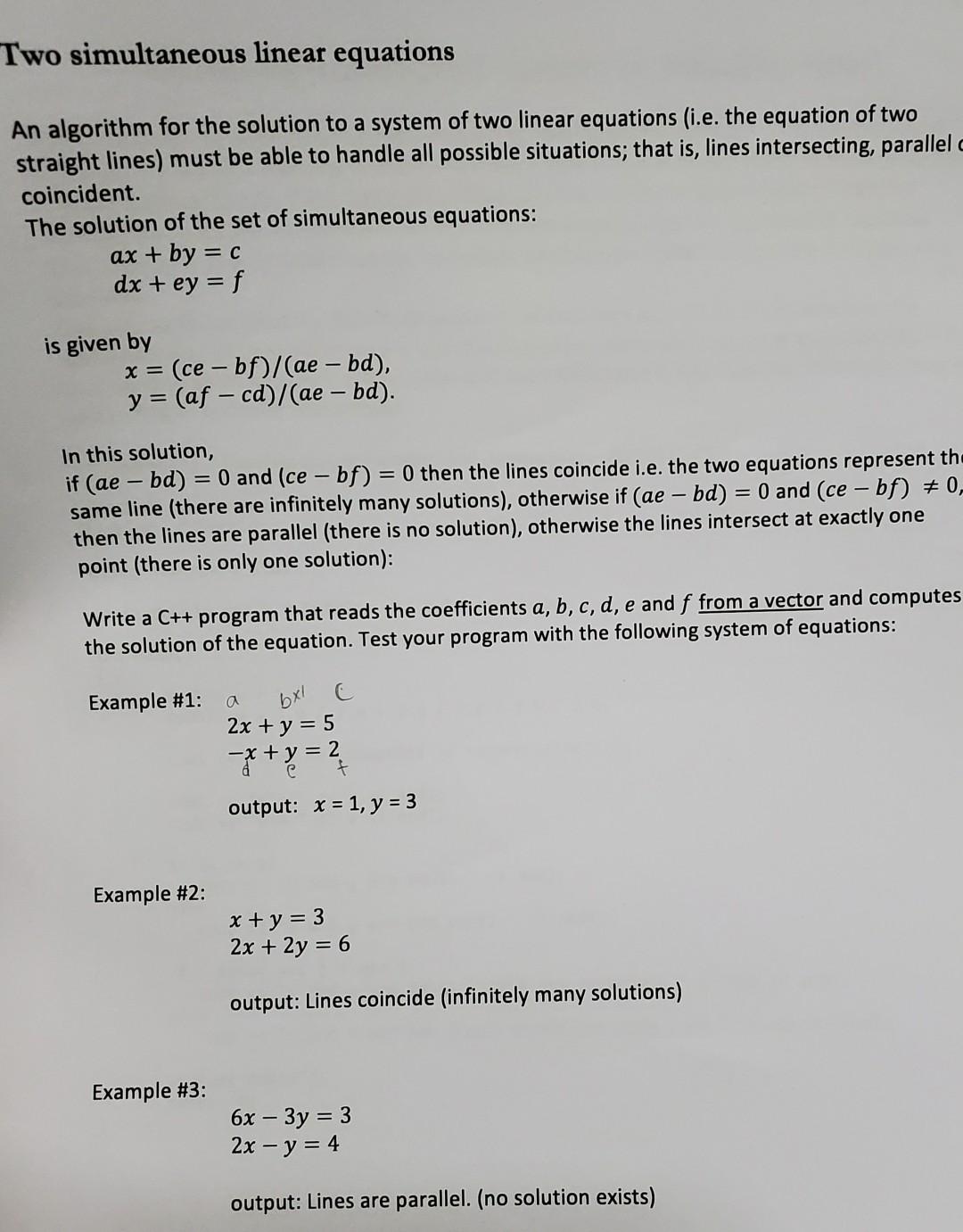 Solved Two Simultaneous Linear Equations An Algorithm For | Chegg.com