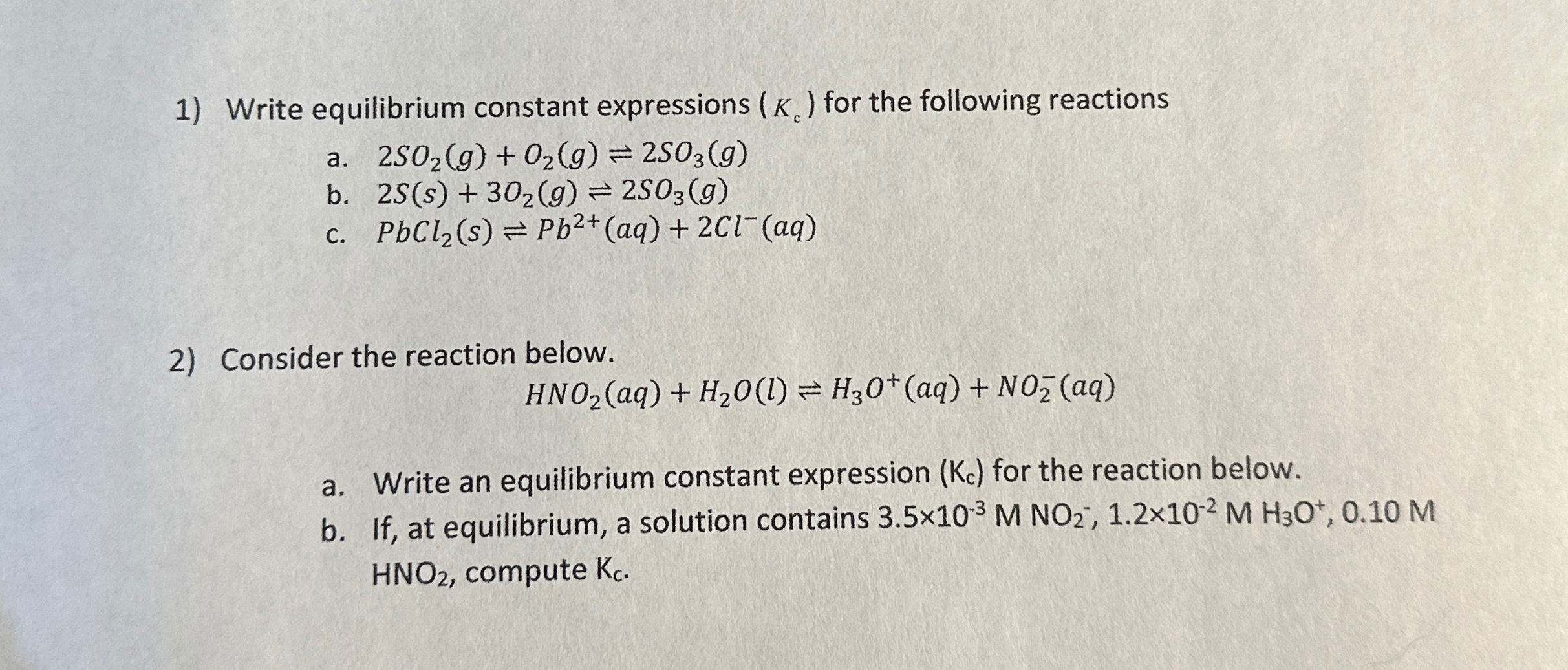 Solved Write Equilibrium Constant Expressions Kc ﻿for The 0905