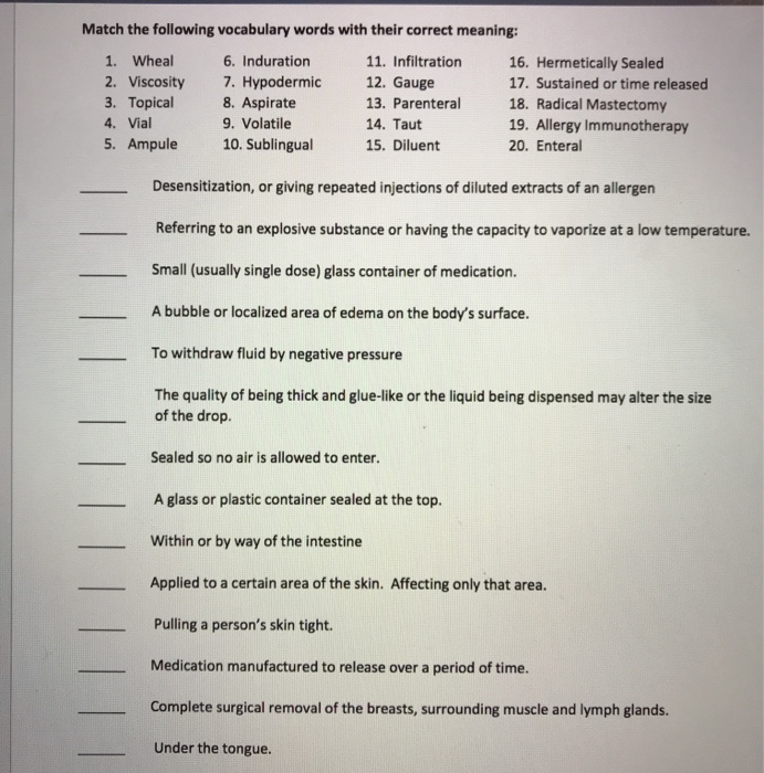 Solved Match the following vocabulary words with their | Chegg.com