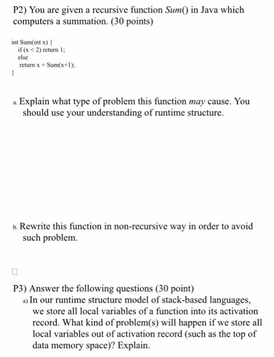 Solved P2) You are given a recursive function Sum( ) in Java | Chegg.com