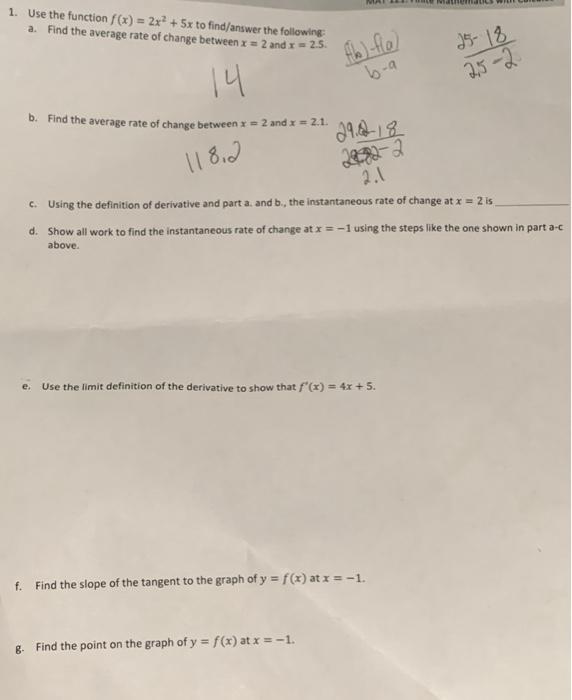 Solved Me 1 Use The Function F X 2x2 5x To Find Answer