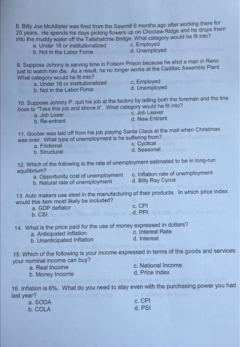 Solved 8. Billy Joe McAllister was fired from the Sawmill 6