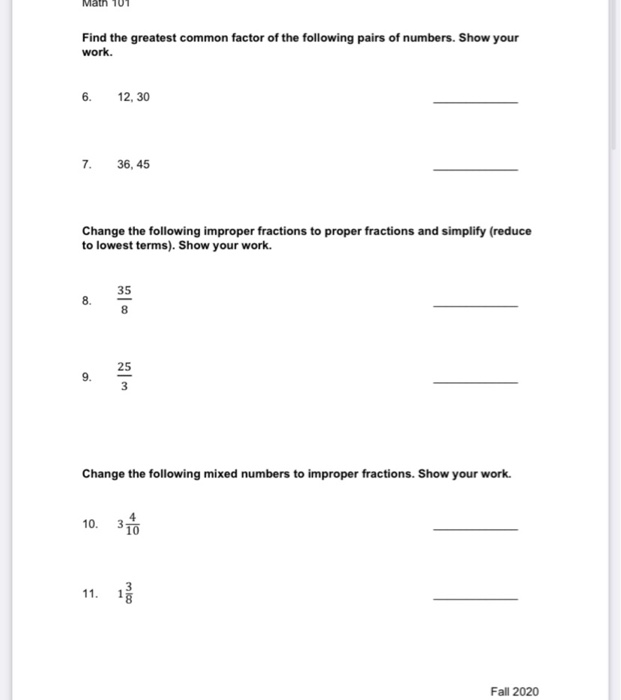 Solved Name Math 101: Pre-Test #2 Place the following in | Chegg.com